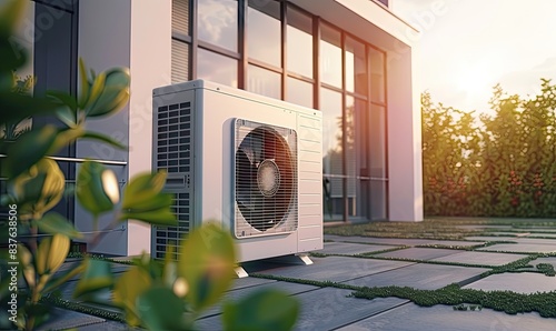 Air Source Heat Pump Installed on Residential Patio During Sunny Day