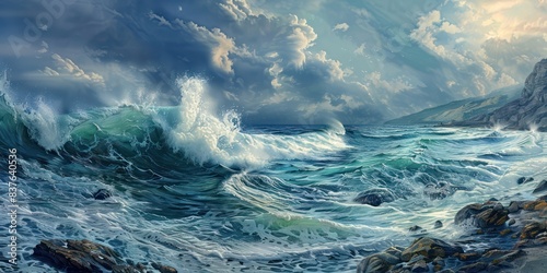 Turbulent Seascape: Illustrate a seascape of crashing waves, churning waters, and rocky shores, capturing the raw power and untamed beauty of the ocean in all its glory.