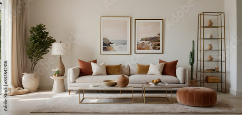 Elegant living room with a cozy beige sofa, coordinated decor, coastal artwork, and lush greenery creating a serene, breezy ambiance