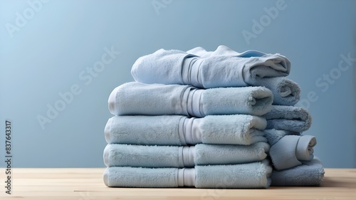 Light blue spa towels pile, bath towels lying in a stack on light blue peaceful background with copy space.