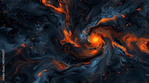  A black background hosts an abstract painting of intertwining orange and blue swirls The composition centers on a red light, situated exactly midway Above this focal point, a black