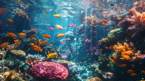 Vibrant Underwater Coral Reef Teeming with Diverse Marine Life and Colorful Fish