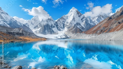  A mountain range mirrored in a lake, encircled by rocks and snow-capped peaks At the foreground, a blue sky and cloud reflections dance on the water