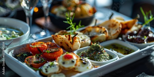 A plate of freshly Greek meze food in separate dishes