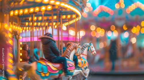 Carousel in motion with colorful horses and vibrant bokeh lights depicting amusement park fun