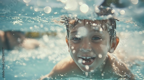 Underwater view of a joyful child swimming in a pool with bubbles
