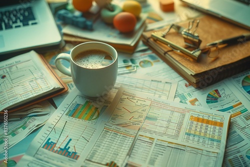 Overhead shot of a cluttered desk with financial documents, graphs, a coffee cup, and a notebook with handwritten financial plans, showing the process of business planning