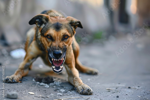 angry aggressive dog on the city street dangerous and may be infected. Rabies concept