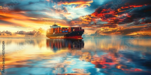 An atmospheric photo of a container cargo freight ship at sunset, with vibrant colors reflecting off the water, evoking a sense of tranquility and movement. 