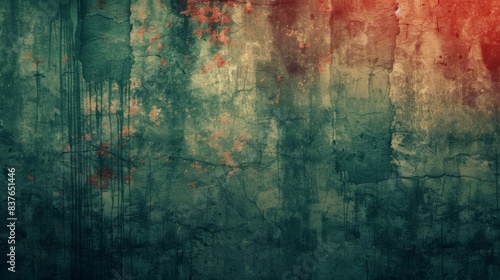  A grungy wall with red and green paint splatters; one wall bears these colors, while the other lies hidden behind it