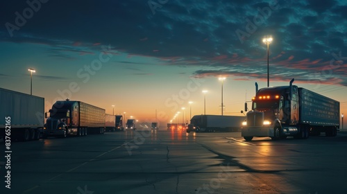 An atmospheric photo of semi trucks of different makes parked in a row at a truck stop, their trailers illuminated by the soft morning light as they wait for departure time. 