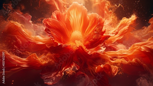  A large orange blossom lies at the heart of a darkened sky, encompassed by swirling clouds Its core radiates a brilliant light, originating from both the center of