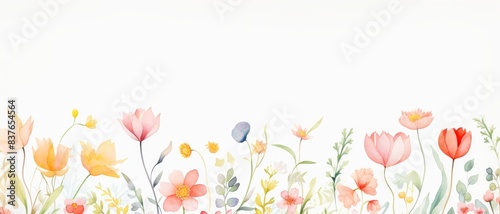 Beautiful watercolor illustration of various wildflowers in soft pastel colors, perfect for spring and garden-themed designs or backgrounds.