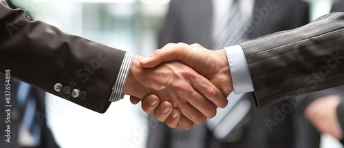 Businessmen shaking hands in a corporate setting, with colleagues and a professional environment