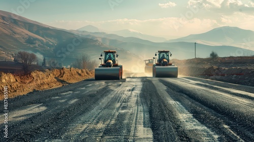 Emphasize the transformation of landscapes with a stock photo featuring road rollers reshaping the terrain as they pave a new asphalt road, illustrating the dramatic changes.