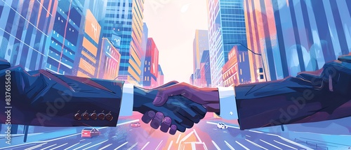 Businessmen shaking hands with a city view, showing highrise buildings and a bustling street
