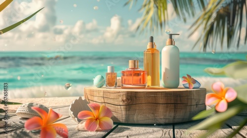 Highlight the vibrancy of summer colors with an image showcasing a wooden podium filled with brightly colored products, positioned against the backdrop of a tropical beach.