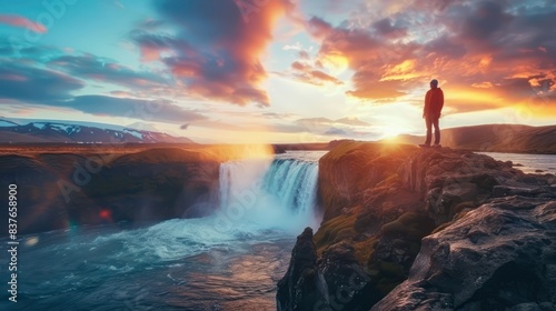 Showcase the natural wonders of Iceland with an image showcasing the stunning waterfall under a colorful sunset sky, while a male tourist stands on a cliff, captivated by the beauty of the scene.