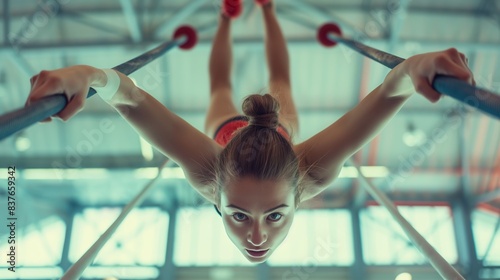 View from behind a female gymnast as she grips parallel bars during training, emphasizing her back muscles