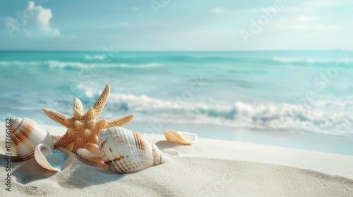 Highlight the tranquility of seaside retreats with an image showcasing an empty sand beach strewn with shells, set against the soothing backdrop of a summer sea.