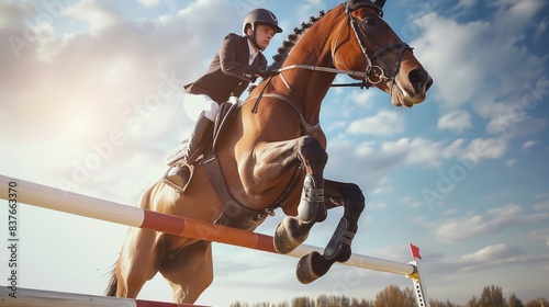 A skilled rider on a brown horse competently clears a jump during an equestrian event under a clear sky