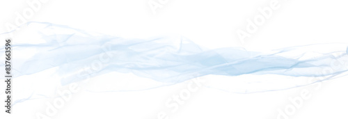 Blue sky Organza fabric flying in curve shape, Piece of textile blue sky organza fabric throw fall in air. White background isolated motion blur