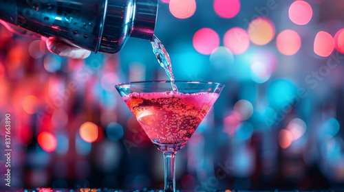 Bartender's hand holding a cocktail shaker, liquid pouring into a glass, colorful lights in a nightclub, isolated background, studio lighting