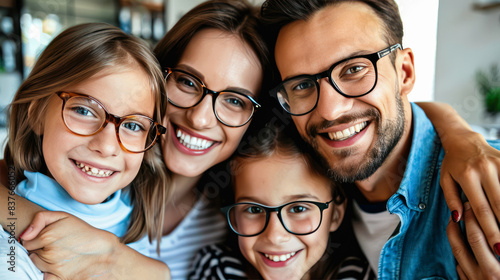 Happy caucasian family of four wearing eyeglasses. Selective focus. Smiling mother, father, son and daughter wearing eyeglasses in various frames. Optics store, family clinic, eyewear promotion