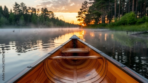  A canoe rests on the water as the sun sets, with fog enveloping the surface and forested shoreline in the foreground