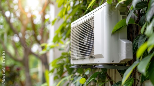  A white air conditioner sits atop a wall, next to a lush, green wall covered with trees A separate white wall-mounted air conditioner hangs on the adjacent wall