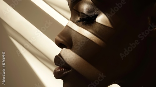  A tight shot of a woman's closed eyes, framed by a shadow cast by the blinds beside her face