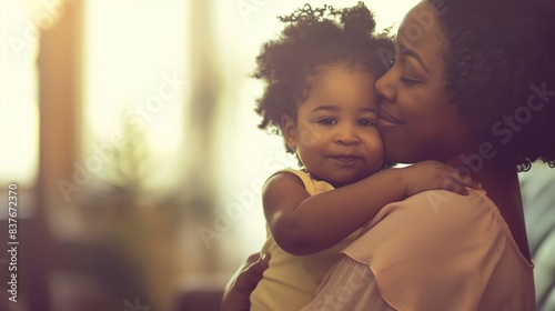 An intimate portrait of a mother lovingly holding her young daughter, their bond highlighted in a warm, glowing backdrop