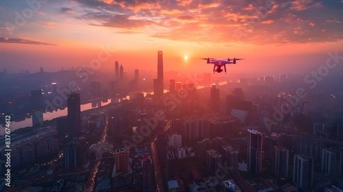 Aerial Drone Capturing Vibrant Sunset Over Bustling Cityscape with Towering Skyscrapers and Busy Streets