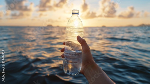  A hand holds a bottle of water in front of a body of water with a cloudy sky as its backdrop In the foreground, another hand cradles a similar bottle