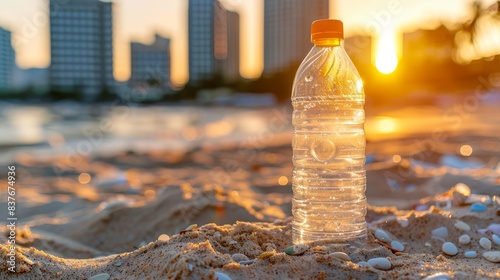  A bottle of water on a sandy beach, beside a body of water City skyline in the water's background
