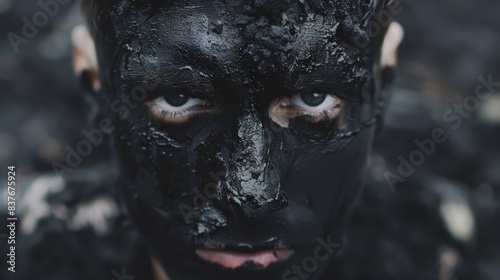  A man is encased in black mud, his eyes concealed as he turns his face slightly aside