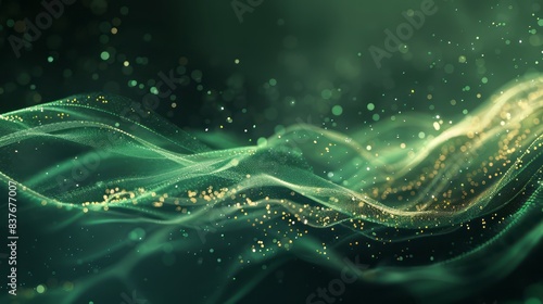 Dark green gradient background with waves of light and glitter, abstract composition. A background with a sense of depth and movement. The design is intended for graphic design and digital art.