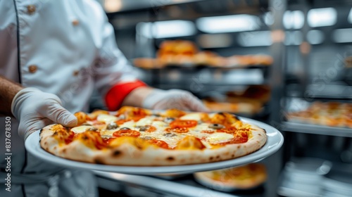  A tight shot of an individual, hands full of a pizza, before a sea of metal racks and pans laden with pizzas in a room