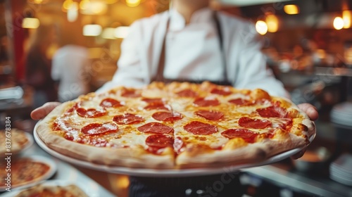  A tight shot of someone's hand, gripping a pizza in front of a table filled with pizzas In the backdrop, a figure holds a separate plate bearing a solitary