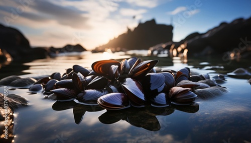 Close-up view of mussels encrusted onto a rock pool surface 
