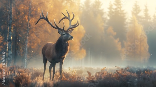 Majestic Deer with Impressive Antlers Stands in Misty Forest at Sunrise