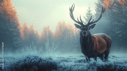 Elegant deer with impressive antlers standing in misty forest clearing at dawn