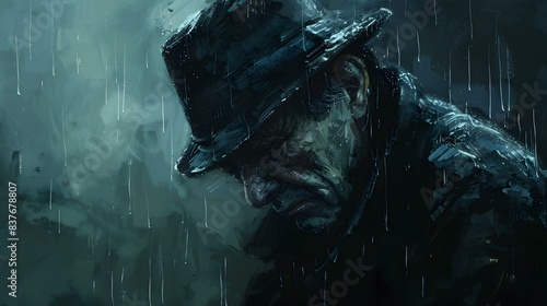 A painting of a man wearing a hat in the rain
