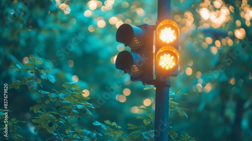  A tight shot of a traffic light atop a pole, surrounded by trees in the background The upper part of the pole is depicted in a blurred manner, featuring indistinct leaves