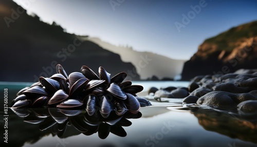 Close-up view of mussels encrusted onto a rock pool surface 