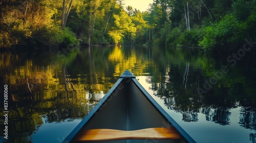 Picture of a canoe in the water with reflections and trees as the day turns to dusk