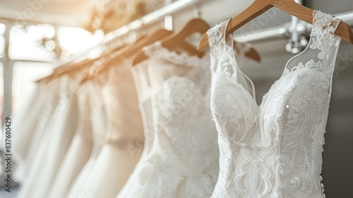  A row of bridal gowns hangs taut on a rack in a bridal shop, sunlight filtering in through the window, softly blurring the foreground