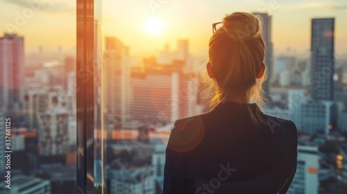 A female executive looking out over the city from her office, contemplating her next business move