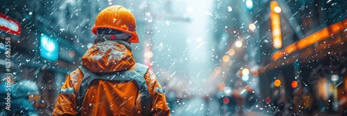 Construction worker in orange safety gear standing in a busy, snowy city street, with falling snow and blurred city lights in the background.