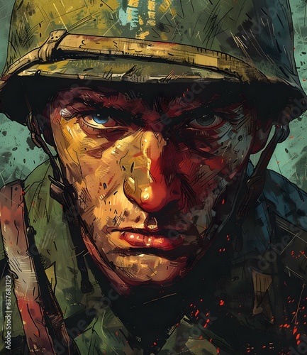 Portrait of a soldier wearing a green helmet